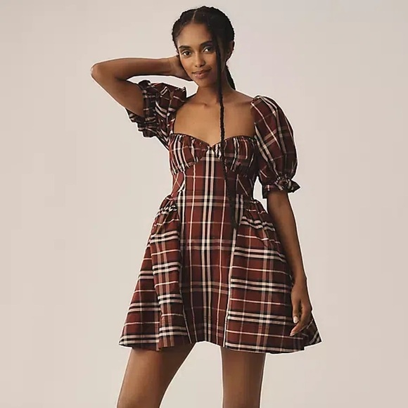 Anthropologie Dresses & Skirts - Anthropologie Maeve Maroon Tartan Plaid Puff Sleeve A-Line Mini Dress Small NWT